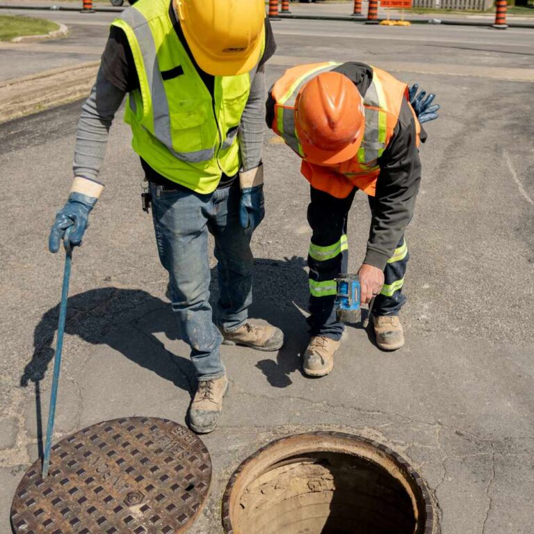 Aqua Fast Flush Power Vacuuming Technicians examining a commercial sewer pipe.