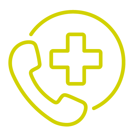 lime green keyline icon of a phone with a circle and a plus sign in the middle