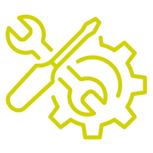 A lime green keyline outline of a screen driver wrench and a cog
