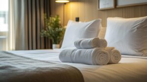 Four rolled white towels stacked on a neatly made bed with white pillows and a grey throw blanket, set against a softly lit background.