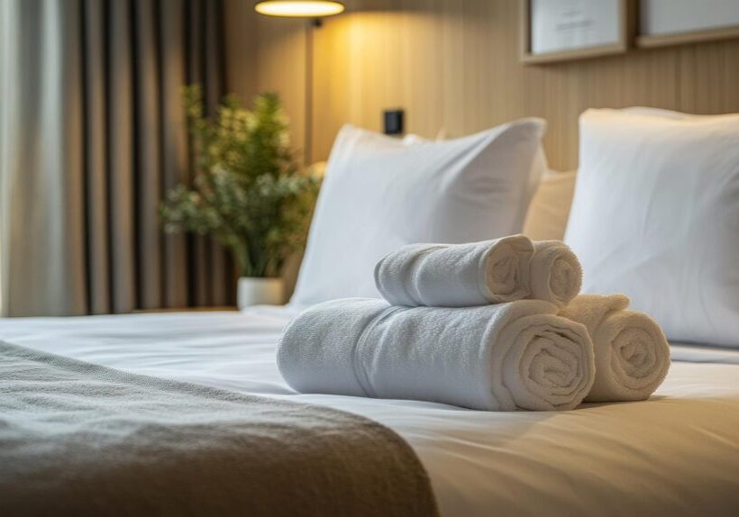 Four rolled white towels stacked on a neatly made bed with white pillows and a grey throw blanket, set against a softly lit background.