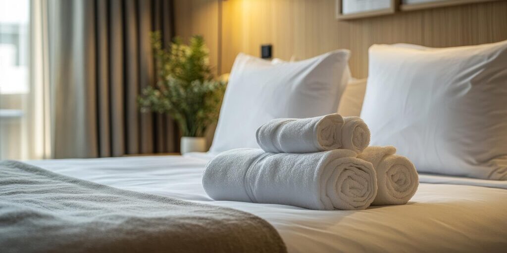 Four rolled white towels stacked on a neatly made bed with white pillows and a grey throw blanket, set against a softly lit background.