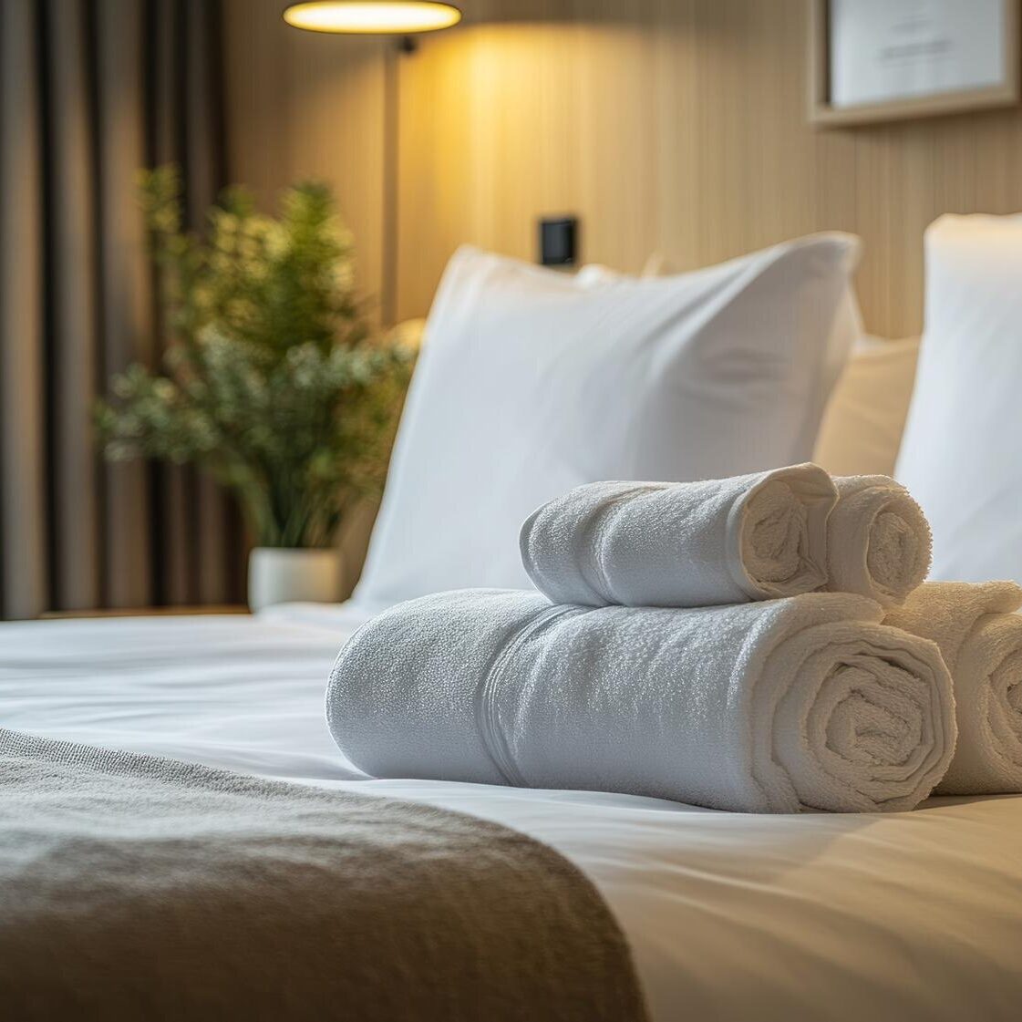 Four rolled white towels stacked on a neatly made bed with white pillows and a grey throw blanket, set against a softly lit background.