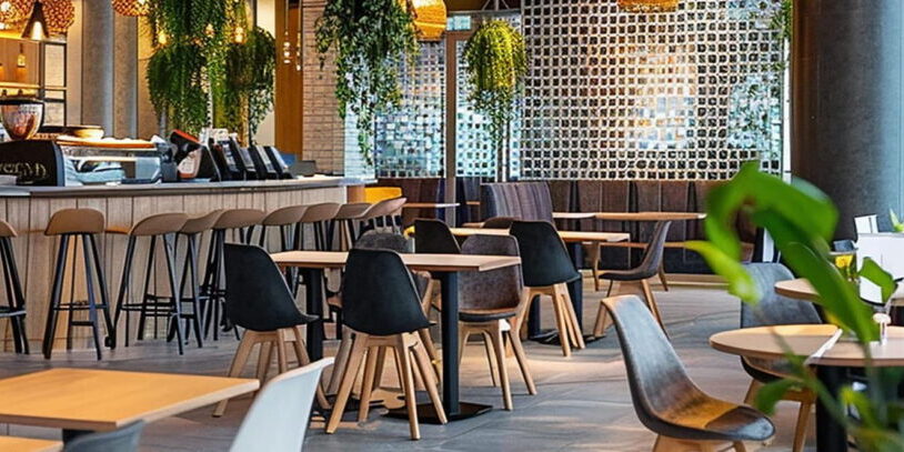 Modern cafe and restaurant interior featuring light-wood tables, black shell-style dining chairs, and gray upholstered seating. A long service bar with a light wood base and matching bar stools with black legs sits to the left. The stylish space is decorated with lush hanging green plants, warm pendant lighting, a textured privacy screen, and spotless tile flooring, representing a clean hospitality environment maintained by professional restaurant drain cleaning and sanitization.