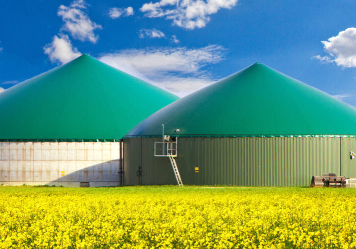 two side by side biodigestors in a field