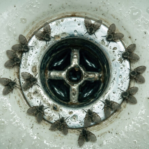 Drain Flies Gathered Around a Dirty Sink Drain